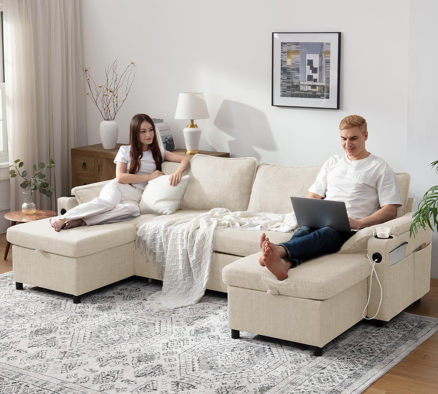 DURASPACE 104.3'' Sleeper Couch Pull Out Sofa Bed 2 in 1 Convertible Sofa Sleeper with Storage, U Shaped Sectional Couch Bed for Small Spaces Living Room Bedroom Apartment (Beige)