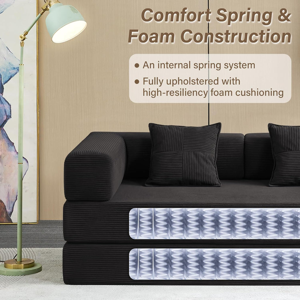 Compression Sofa - 78''Convertible Floor Sofa Bed - with Pillow Back Support Armrest - Comfy Foldable Sofa Bed Compressed Sofa in Box - Corduroy Fabric - for Living Room Bedroom(Black)