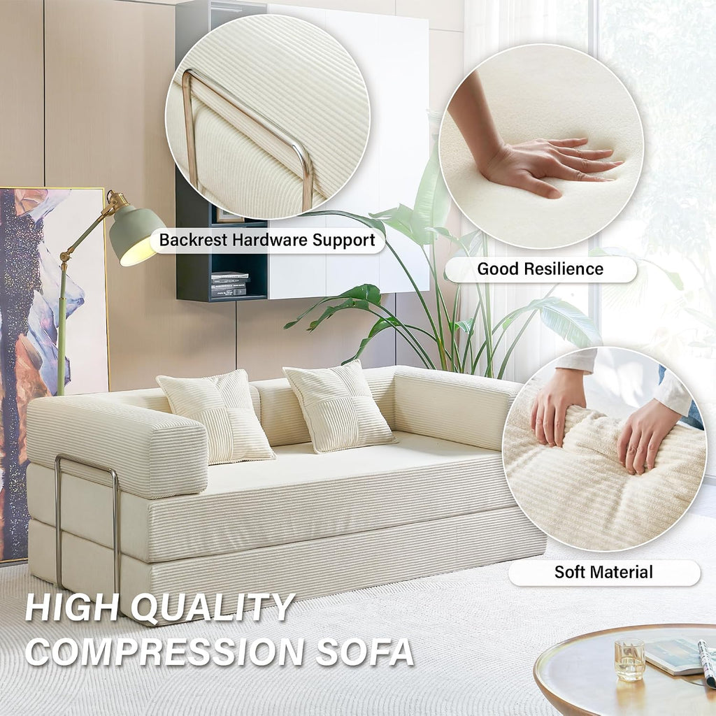 YINIX Foldable Sofa Bed, 78'' Folding Floor Couch, Compressed Convertable Sleeper Sofa, Memory Foam Couch with Pillow Back Support Armrest, 4-in-1 Futon Sofa Bed for Living Room, White