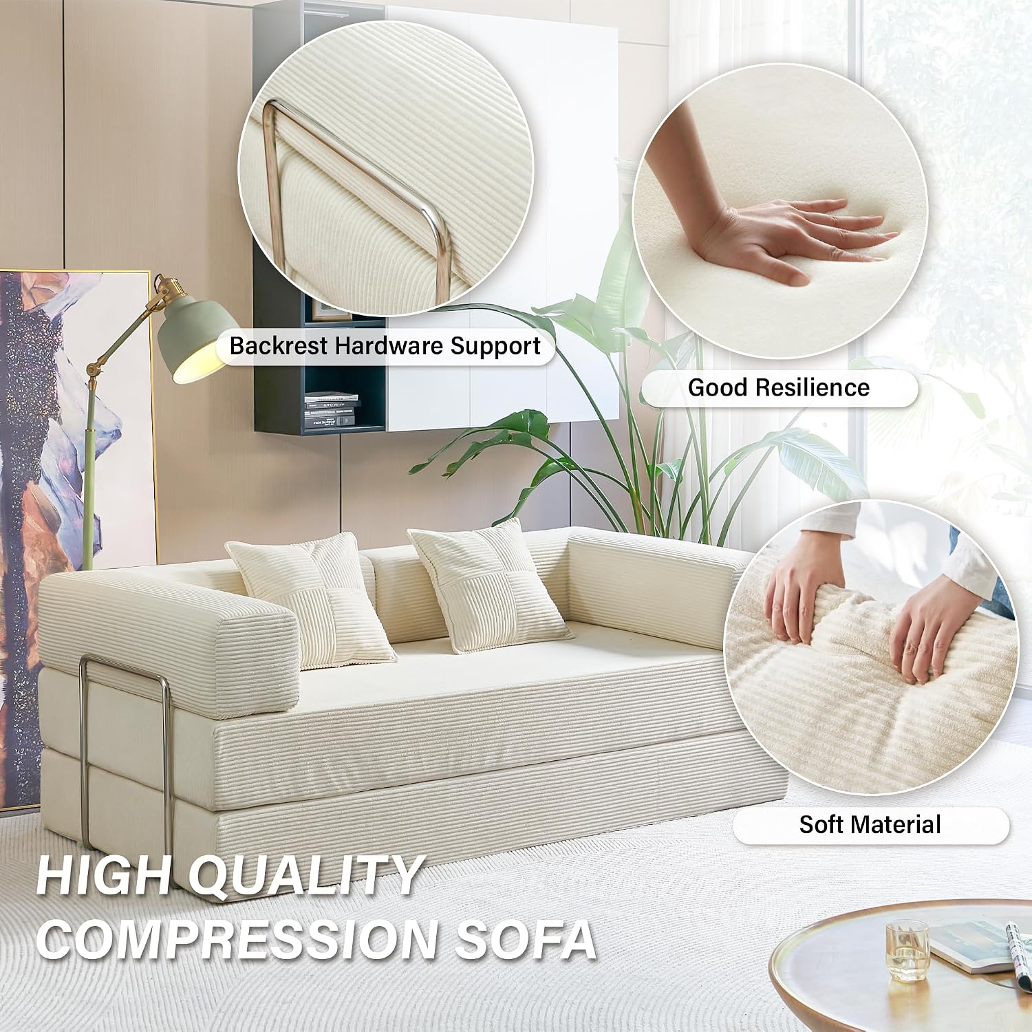YINIX Foldable Sofa Bed, 78'' Folding Floor Couch, Compressed Convertable Sleeper Sofa, Memory Foam Couch with Pillow Back Support Armrest, 4-in-1 Futon Sofa Bed for Living Room, White