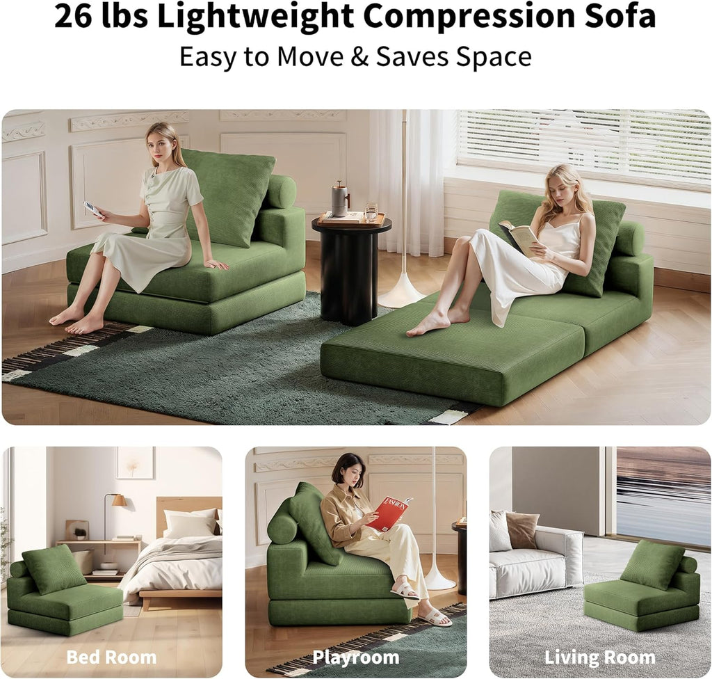 Folding Sofa Bed, 3-in-1 Convertible Sleeper Chair Bed with Pillows, Foldable Floor Couch with High-Density Foam, Futon Small Boneless Couch for Living Room Bedroom Lounge, Single, Green