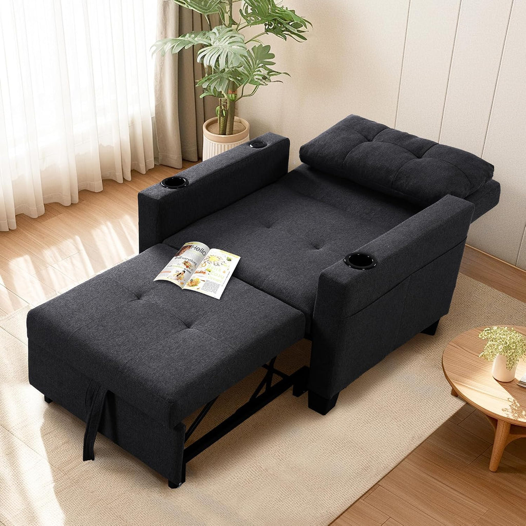 FLEXISPOT XCT2 Sleeper Chair Bed with USB Ports & Cup Holders, 3-in-1 Convertible Sofa Bed for Living Room, Pull-Out Sofa Chair with Pillows, Adjustable Backrest, Small Space Furniture (Black)
