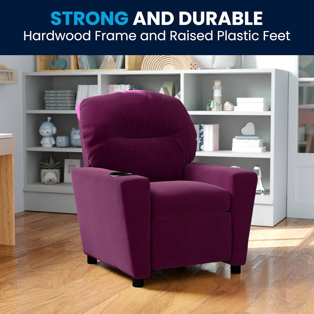 Flash Furniture Chandler Microfiber Kids Recliner with Cup Holder and Safety Recline, Contemporary Reclining Chair for Kids, Supports up to 90 lbs., Purple