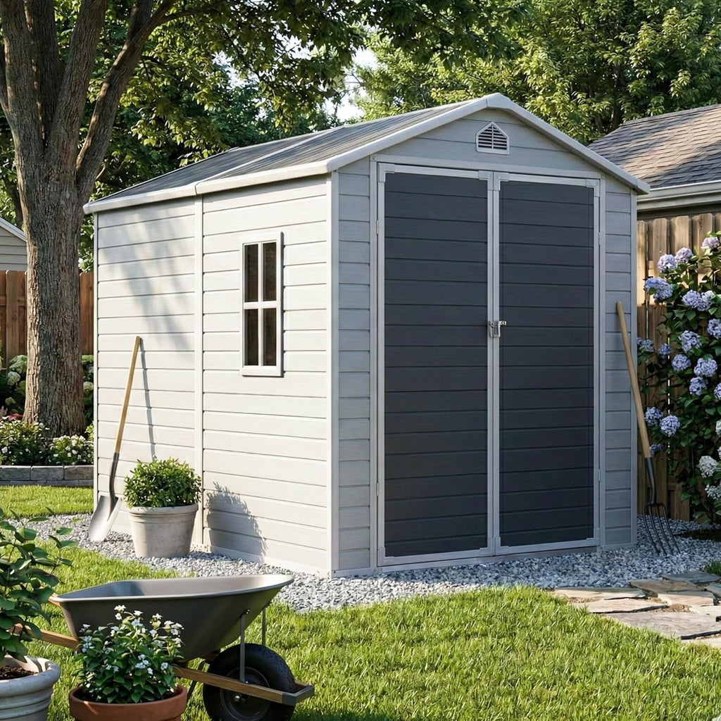 Restland 6x8 FT Resin Shed with Floor Waterproof Outdoor Storage Plastic Shed with Window & Lockable Door Large Garden Sheds for Backyard, Patio