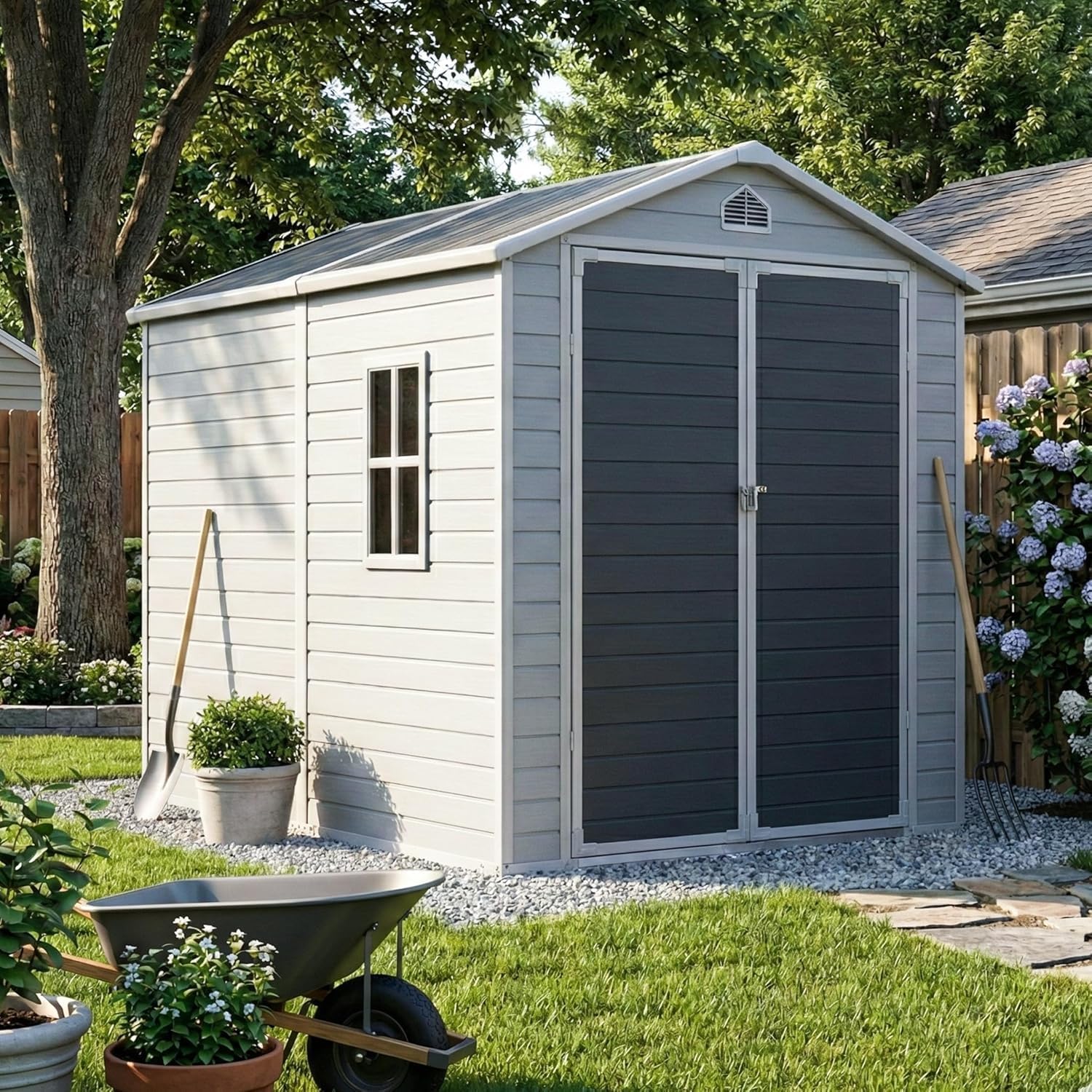 Restland 6x8 FT Resin Shed with Floor Waterproof Outdoor Storage Plastic Shed with Window & Lockable Door Large Garden Sheds for Backyard, Patio