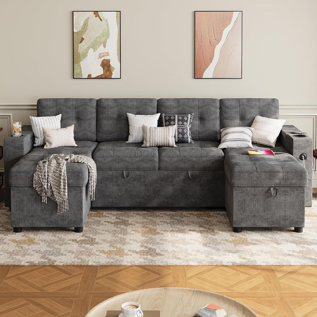 IDEALHOUSE U-Shaped Couches for Living Room, Sofa Bed for Living Room with Reversible Storage Chaises and Hidden Storage Armrests, Cup Holders and USB Charging Ports Included, Dark Grey