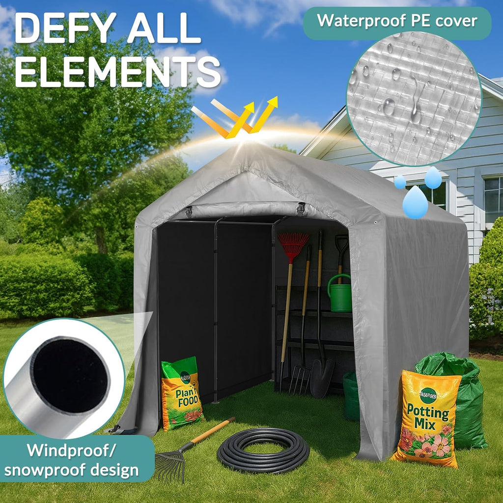 VINGLI Outdoor Portable Storage Shed, Heavy Duty Bike Tent with Roll-up Zipper Door, Waterproof and UV Resistent Carport for Motorcycle, Garden Tools and Firewood (8x8x6.7ft)