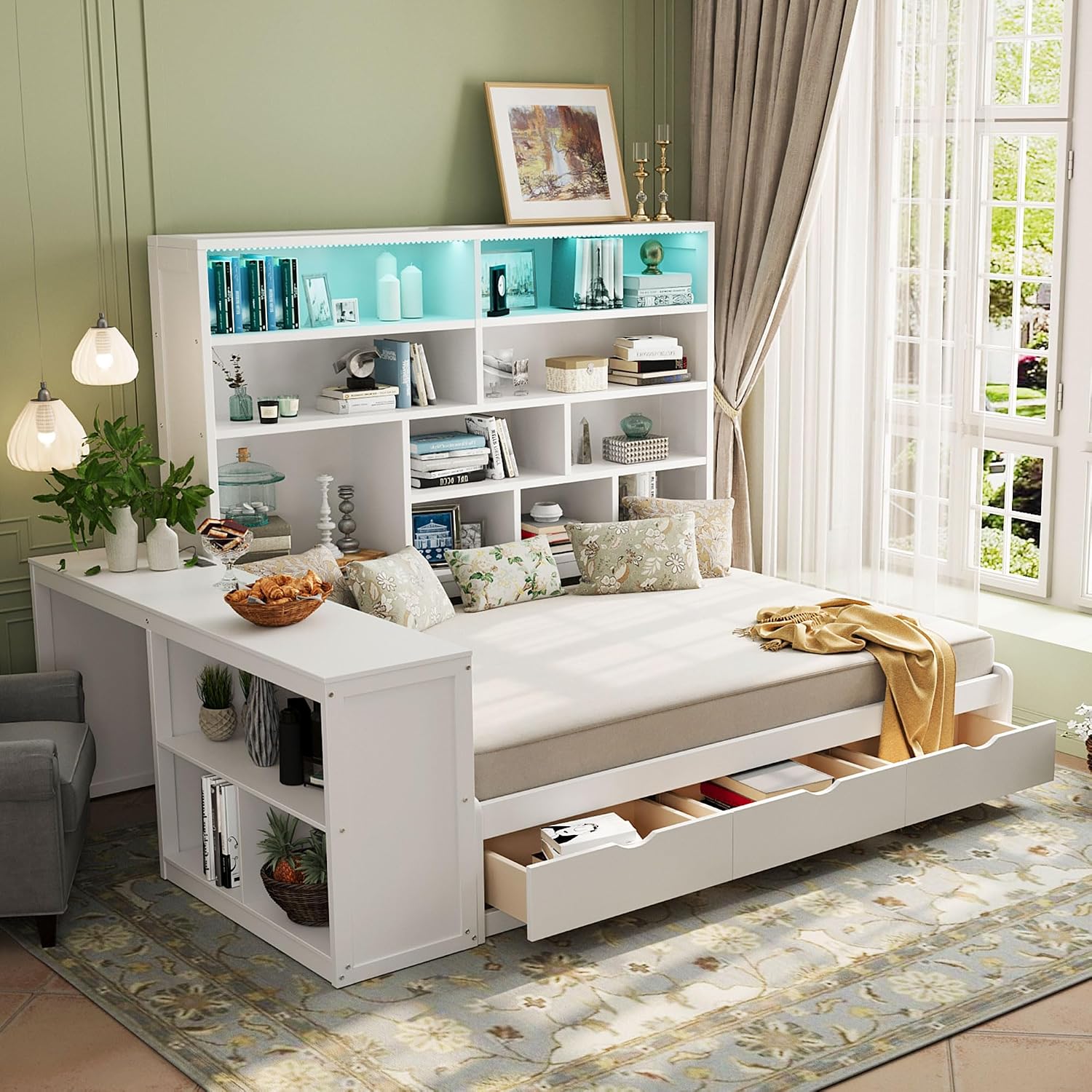 LUMISOL Corner Full Bed Frame with Storage Drawers, Built-in Desk with USB Ports & Shelves, Wooden Daybed Sofa Bed with LED Bookcase for Bedroom Living Room, White