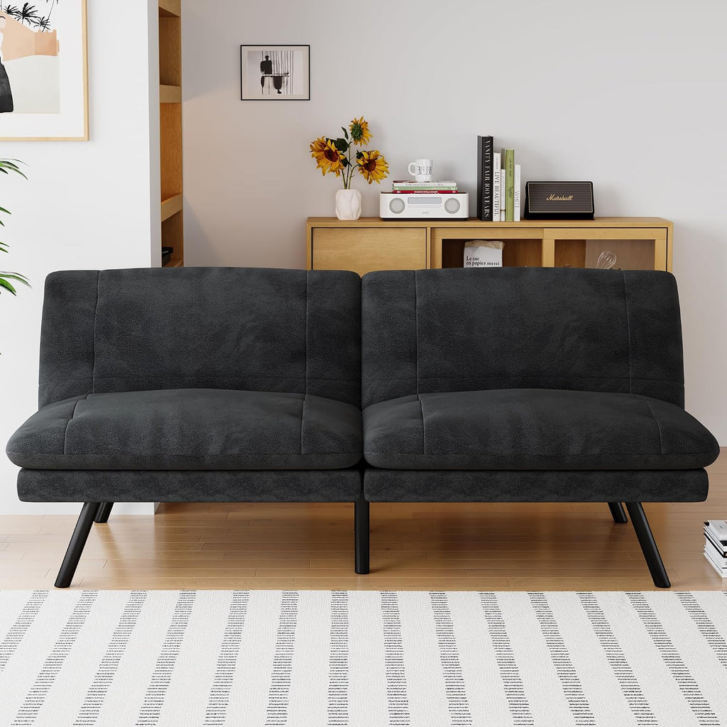 Futon Sofa Bed Convertible Couch, Black Linen Sofa Bed with Adjustable Backrest, Multifunctional Small Loveseat Sleeper Sofa for Living Room, Apartment, Office