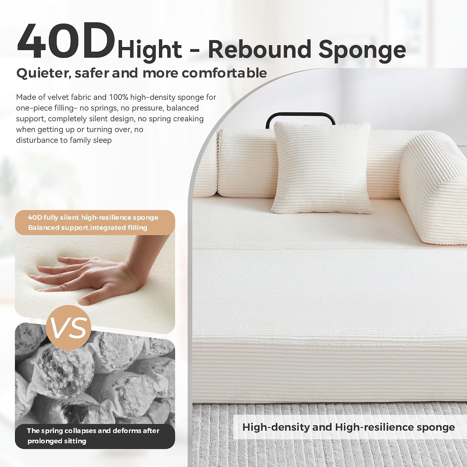 Convertible Folding Couch, 5-in-1 Futon Sofa with Armrests, Convertible Sleeper Sofa Bed Comfy Fold Out Bed for Living Room, Bedroom,Guest, Office, No Assembly Sofa for Small Spaces(Beige White)