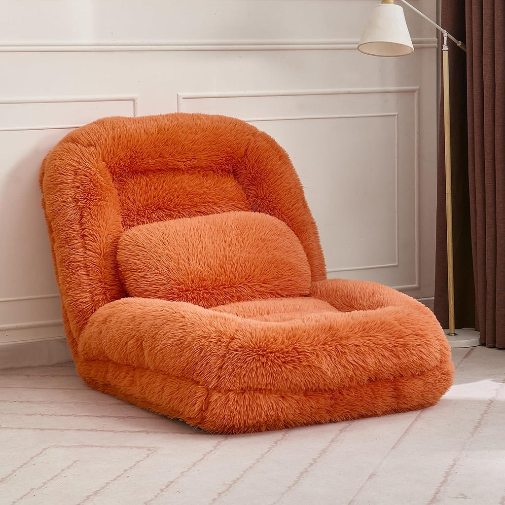Upholstered Human Dog Bed for Adult & Pets, Convertible Lazy Sofa Bed with 5 Adjustable Position, Comfy Tatami Bean Bag Lounge Chair with a Soft Pillow for Bedroom Living Room (Orange Fluffy)
