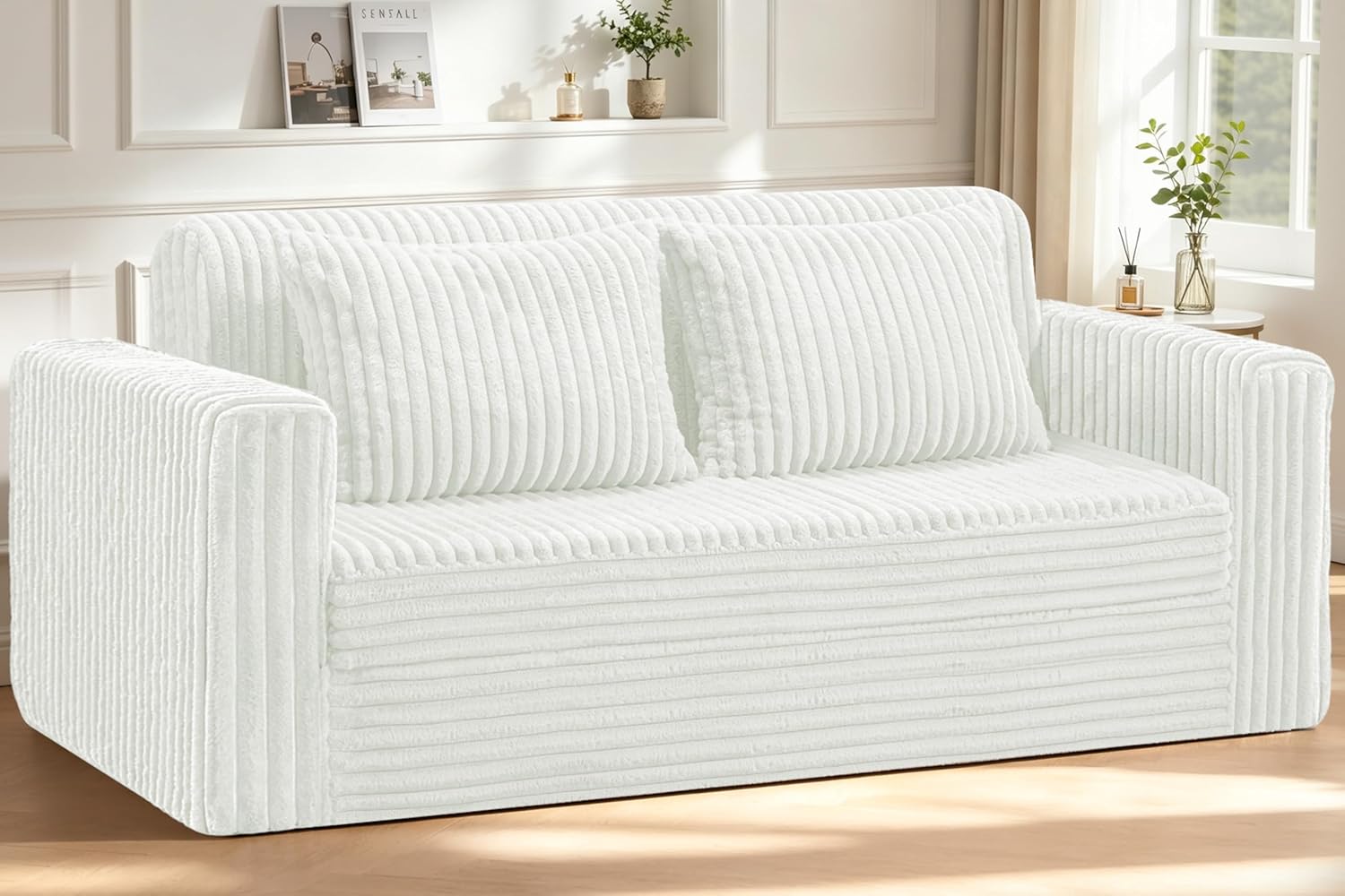 HABUTWAY Folding Sofa Bed, 2 in 1 Convertible Sleeper Chair with 2 Pillows, Portable Fold Out Chair Bed with Armrest, Comfy Floor Couch, Lazy Sofa for Living Room Bedroom Dorm Home Office, Beige