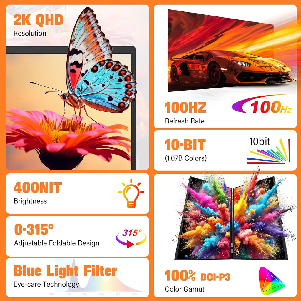 InnoView Dual Portable Monitor 18' 2560x1600P 100Hz 2K 100% DCI-P3 - Foldable & Stackable Design with 315° Screen Adjustment & 180° Stand | DP/USB-C/HDMI, Second Monitor for Laptop, Mac, Windows
