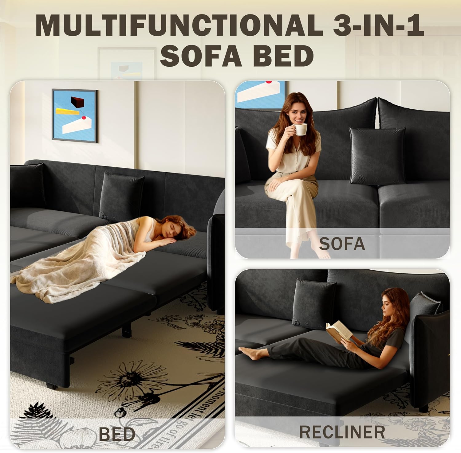 KEIKI 81.9' Sleeper Sofa, 3-in-1 Pull Out Couch Bed with Premium Velvet Upholstery, Perfect for Movie Nights, Overnight Guests, and Modern Home Decor