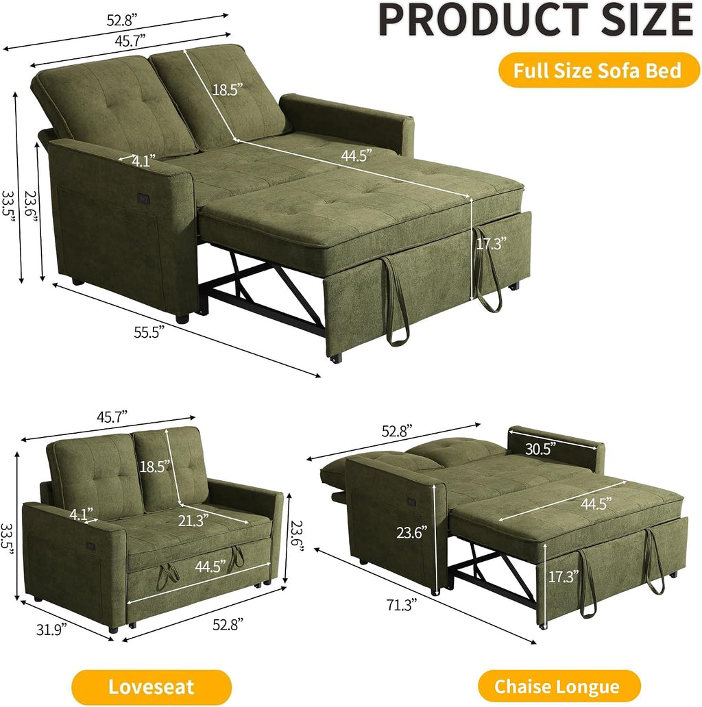 EJUNQ Pull Out Couch, Convertible Sofa Bed with USB and Reclining Backrest, Modern 3 in 1 Sleeper Sofa Couch Bed with Side Pockets, Comfortable Loveseat Sleeper for Small Spaces.(Green)
