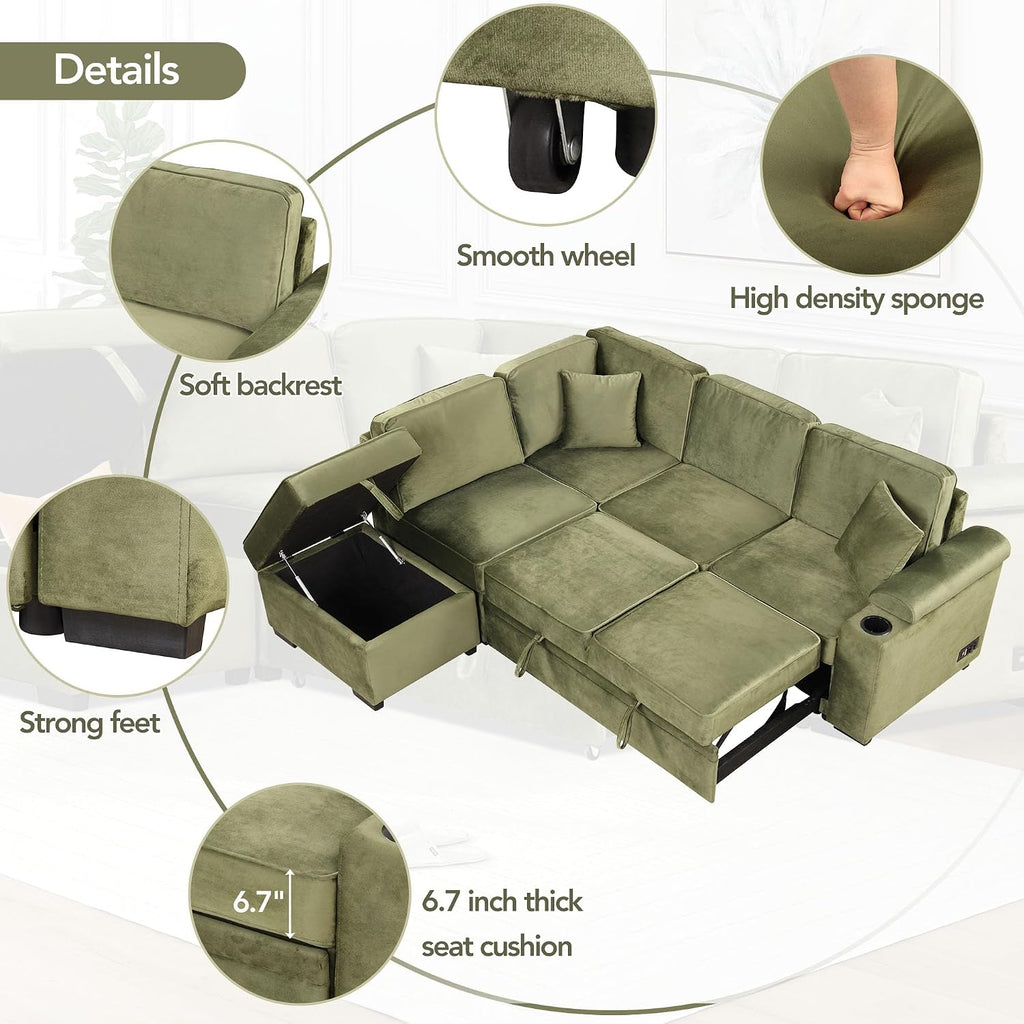 LUMISOL 87' Convertible Sleeper Sofa with Storage Ottoman, L-Shaped Sofa Bed with Cup Holder & USB Charging Stations, Pull Out Sofa Couch with Chaise for Living Room, Green