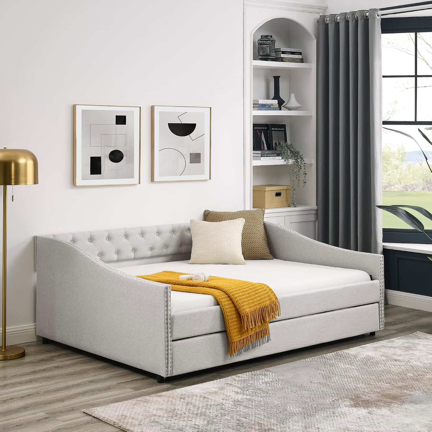 KEIKI Full Size Upholstery Daybed with Trundle and Headboard, Mid-Century Style Tufted Sofa Bed with Button on Back, Easy Assembly, No Box Spring Required, for Living Room and Bedroom, Beige
