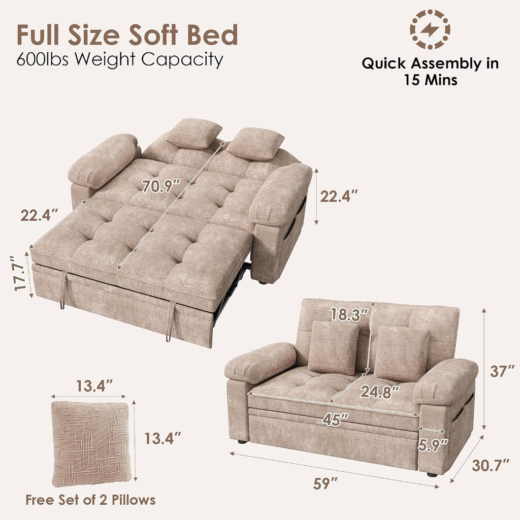Keyluv 59' Loveseat Sleeper Sofa with USB Ports & Side Pockets, 3 in 1 Convertible Sofa Bed for Living Room/RVs/Camper, Pull Out Couch with Adjustable Backrest, Chenille Khaki