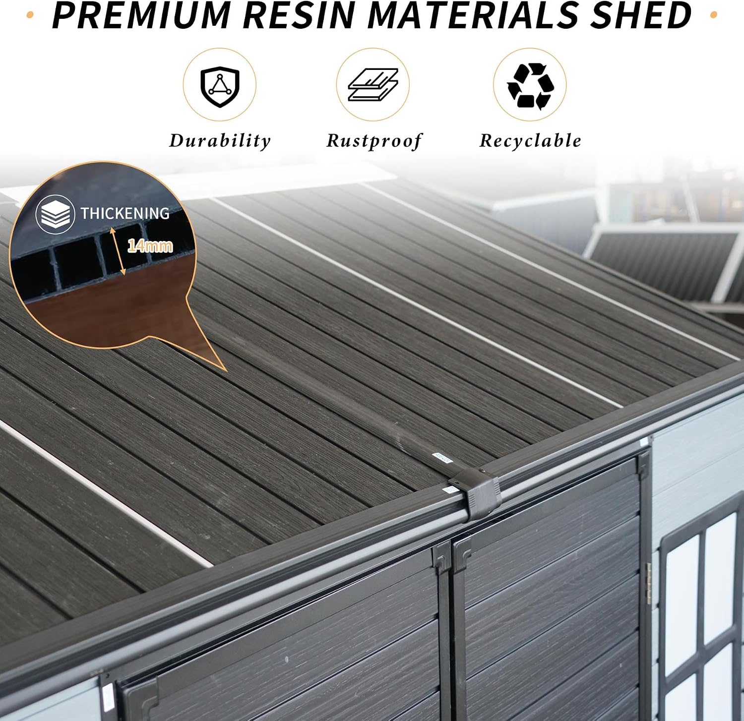 8x6FT Resin Outdoor Storage Shed with 2 Windows, Outdoor Storage Shed with Floor Lockable Door for Garden Tools, Bicycles, Trash Cans, Gray+Black (8x6 FT Steel)