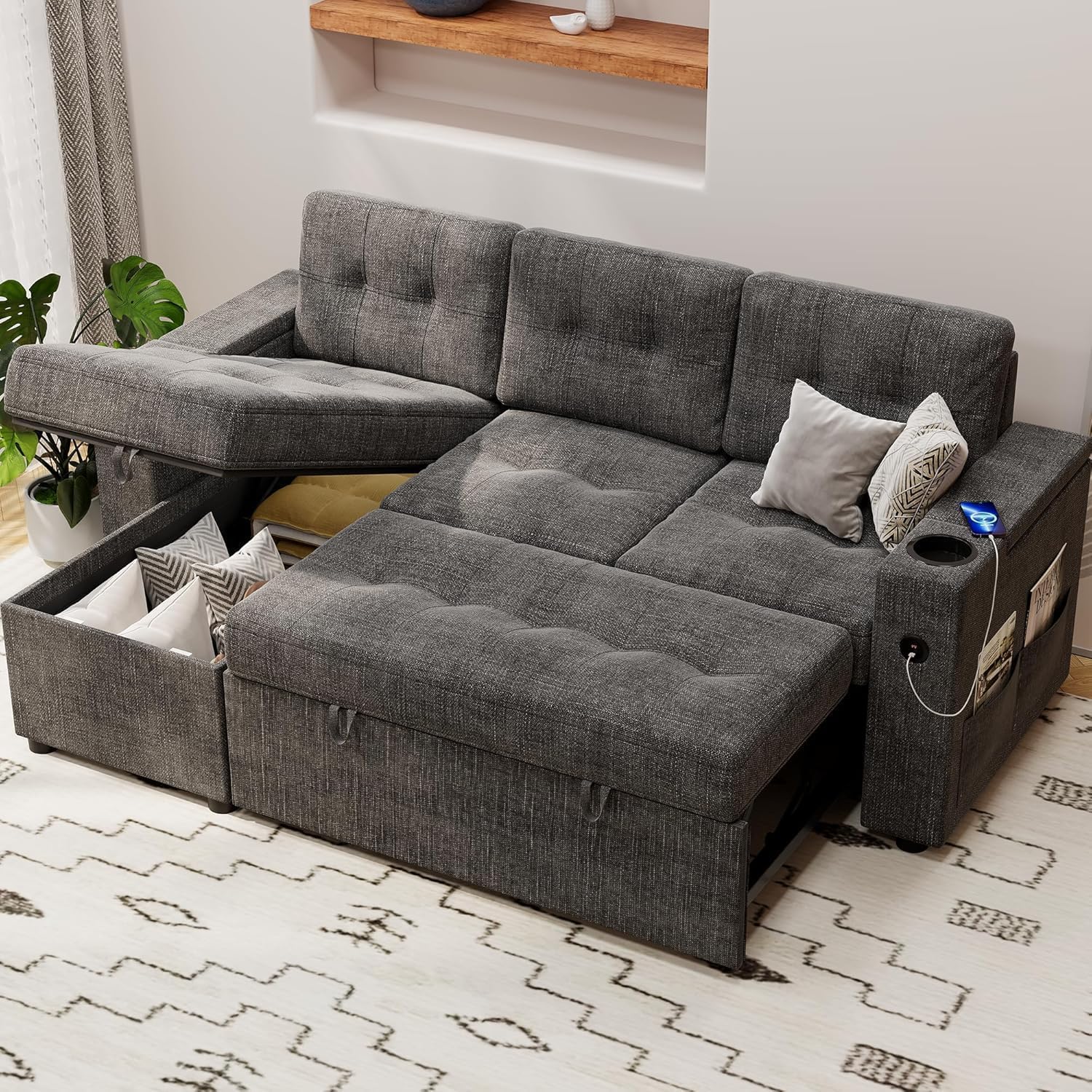 IDEALHOUSE Sofa Bed, 84 Inch Sleeper Sofa with Pull Out Bed and Charging Ports, L Shaped Couches for Living Room with 2 Storage Armrests and 2 Cup Holders, Dark Grey