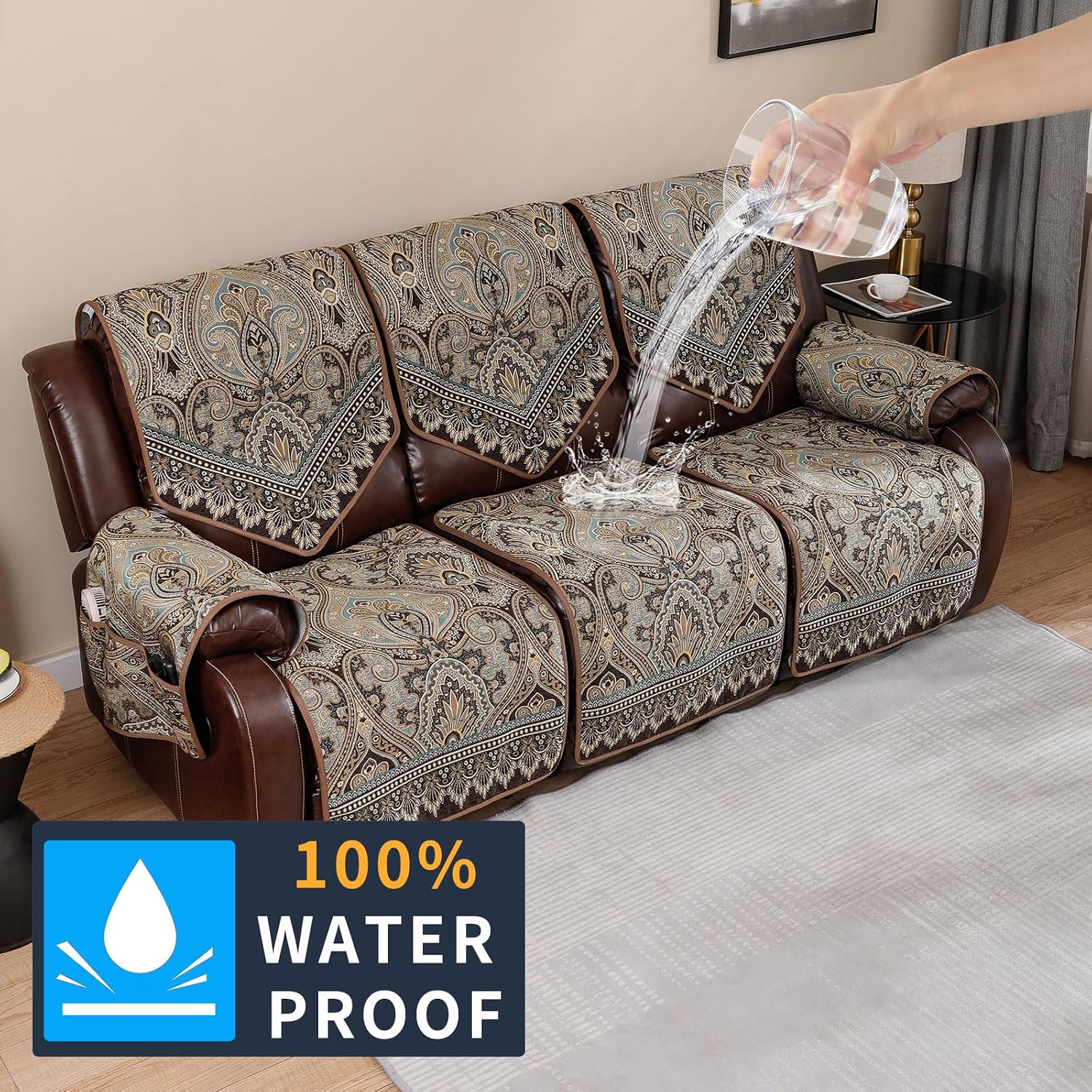 Waterproof Recliner Sofa Covers Non-Slip Recliner Couch Covers for 2 seat, Split Washable Jacquard Reclining Couch Covers Furniture Protecto (FLKF-Brown, 3 Seater)