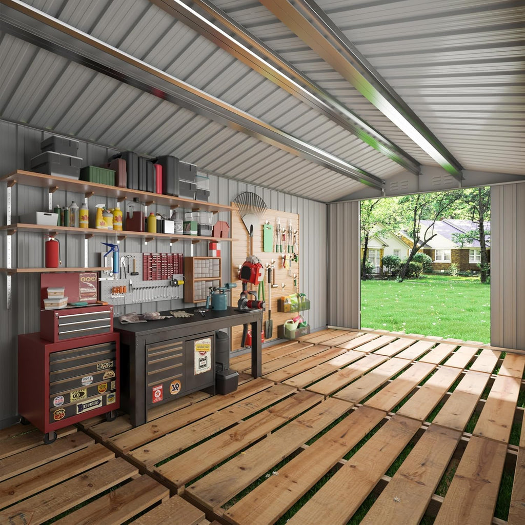 AirWire 10x14 FT Metal Shed, Garden Storage Shed with Updated Frame Structure and Lockable Doors, Outdoor Heavy Duty Tool Sheds for Backyard Garden Patio Lawn, White