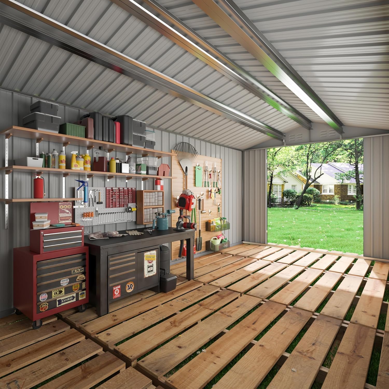 AirWire 10x14 FT Metal Shed, Garden Storage Shed with Updated Frame Structure and Lockable Doors, Outdoor Heavy Duty Tool Sheds for Backyard Garden Patio Lawn, White