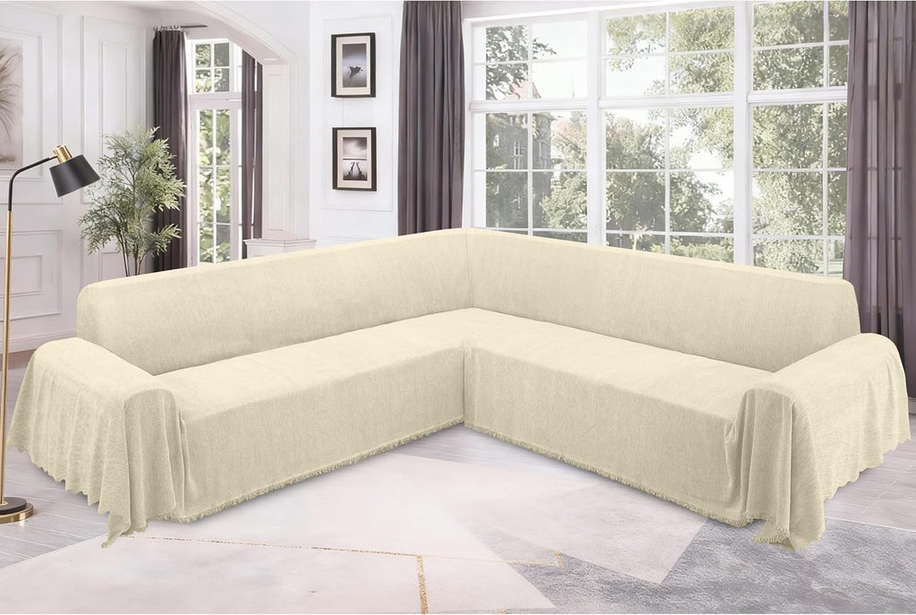 ALIECOM Corner Sectional Couch Covers L Shape Sofa Cover with Tassel Chenille Soft Thick U Shaped Sectional Slipcovers Washable Furniture Protector for Pets Dogs Cats (Beige, 91x251 Inch)