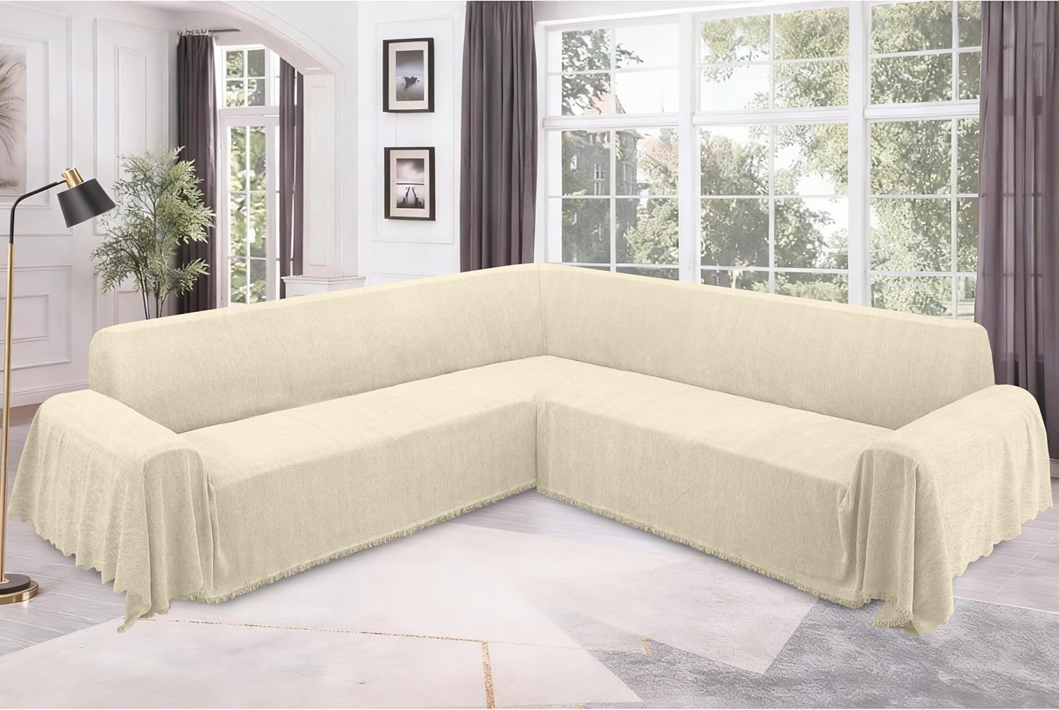 ALIECOM Corner Sectional Couch Covers L Shape Sofa Cover with Tassel Chenille Soft Thick U Shaped Sectional Slipcovers Washable Furniture Protector for Pets Dogs Cats (Beige, 91x251 Inch)
