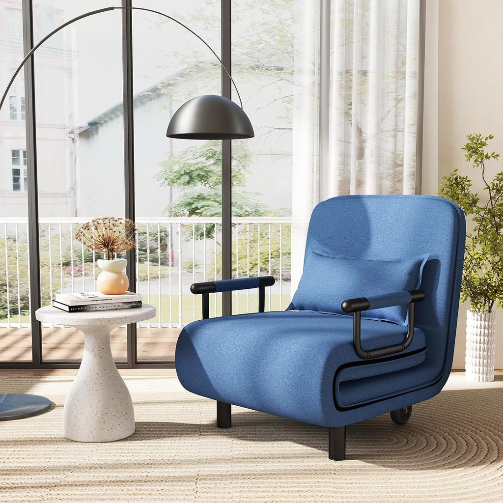 Giantex Convertible Sofa Bed, 3-in-1 Folding Sleeper Chair with 5-Position Adjustable Backrest, Wheels, 2 Legs, Recliner Chaise Lounge with Pillow, Armchairs for Nursery Living Room Office (Blue)