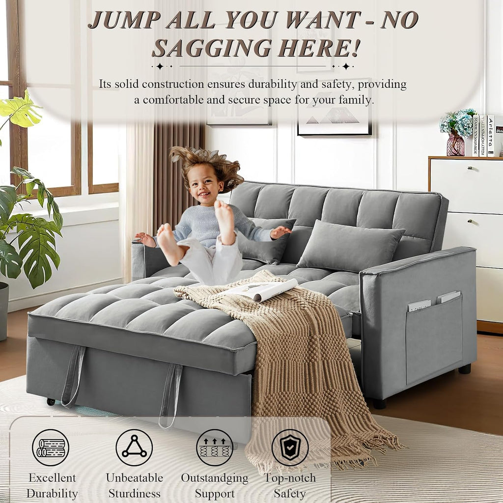 3 in 1 Convertible Sleeper Sofa Bed, Futon Couches for Living Room with Side Pocket/Adjustable Backrest, Velvet Upholstered Pull Out Couch, Small Loveseat Sofa Bed for Bedroom Office Small Spaces