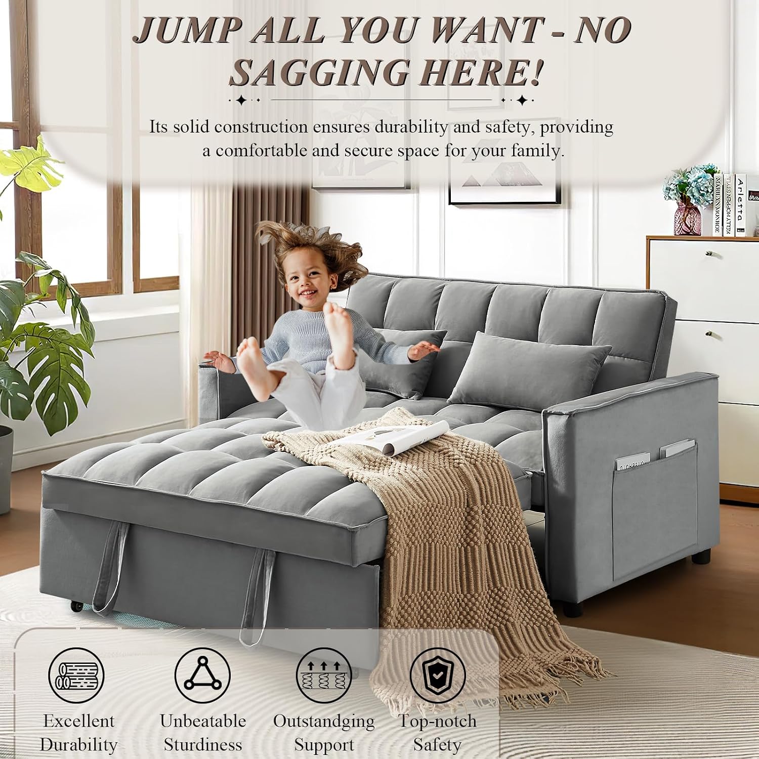 3 in 1 Convertible Sleeper Sofa Bed, Futon Couches for Living Room with Side Pocket/Adjustable Backrest, Velvet Upholstered Pull Out Couch, Small Loveseat Sofa Bed for Bedroom Office Small Spaces