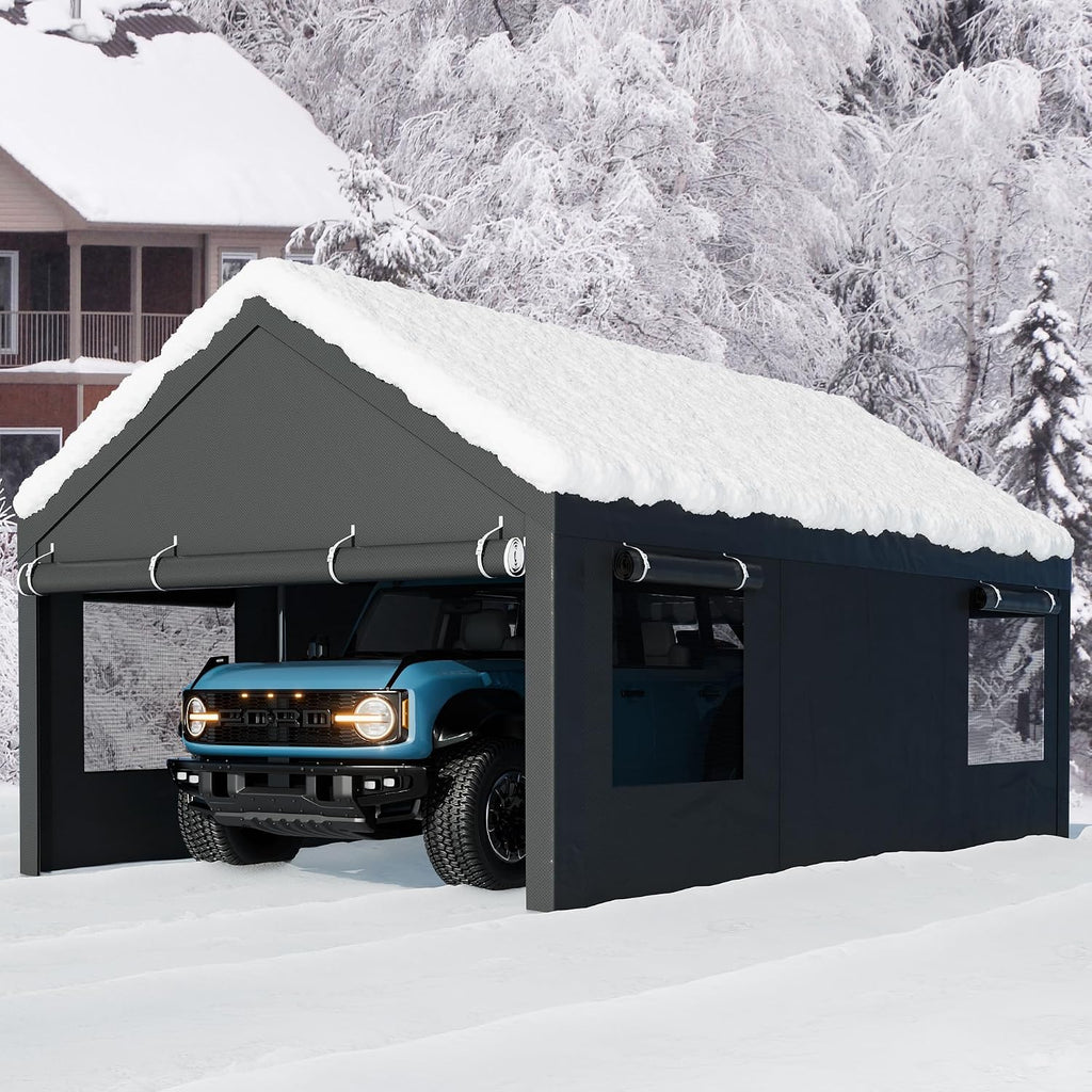 Walsunny Carport, 12x20 ft Heavy Duty Carport Canopy with Roll-up Windows, Portable Garage with Removable Sidewalls & Doors, Car Canopy with All-Season Tarp for Car, Truck, Boat
