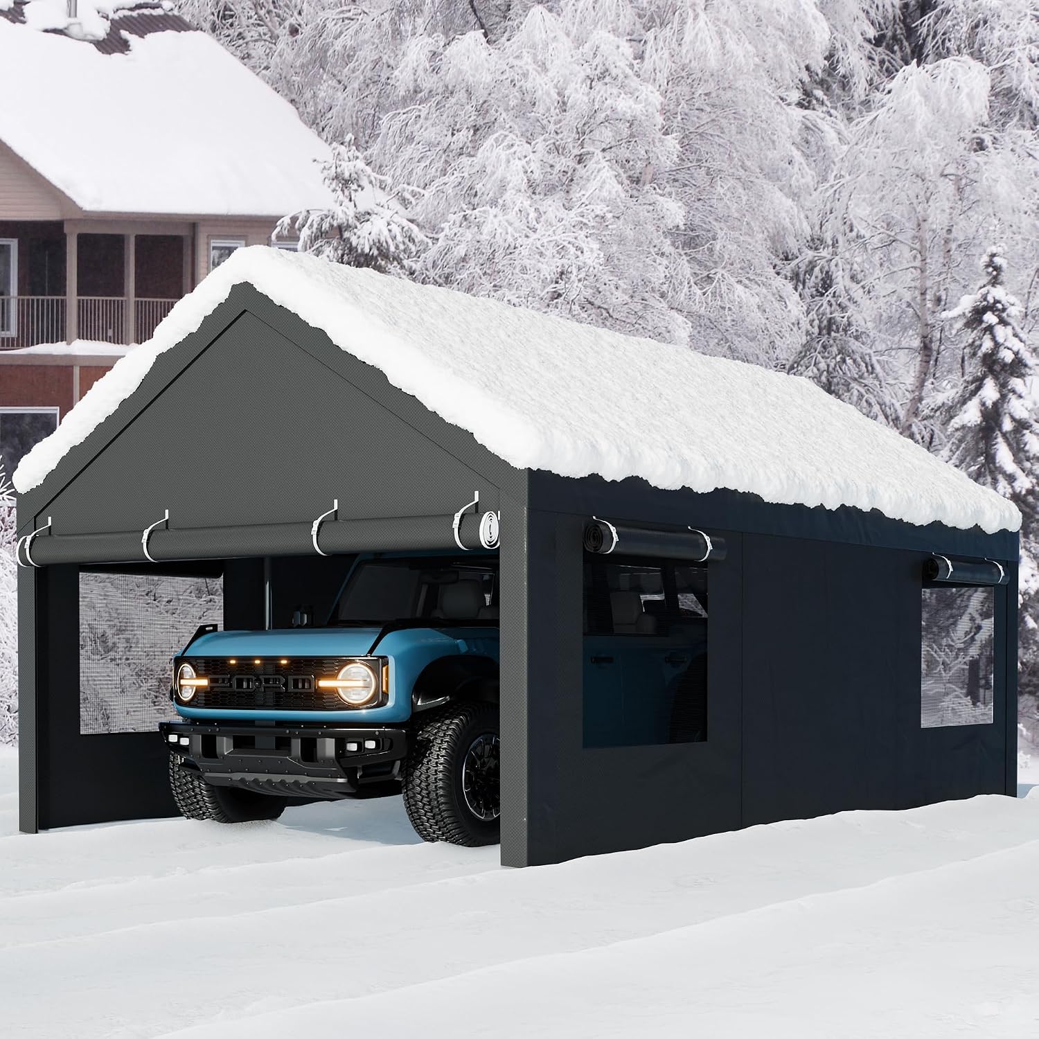 Walsunny Carport, 12x20 ft Heavy Duty Carport Canopy with Roll-up Windows, Portable Garage with Removable Sidewalls & Doors, Car Canopy with All-Season Tarp for Car, Truck, Boat