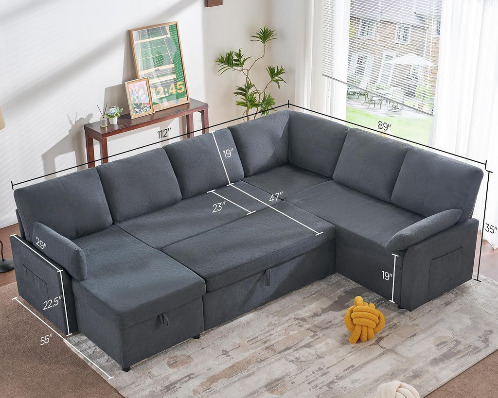 PaPaJet Sofa Bed, 112 Inch Sleeper Sofa, Oversized U Shaped Couch with Storage Chaise, Pull Out Couch for Living Room, Chenille Gray