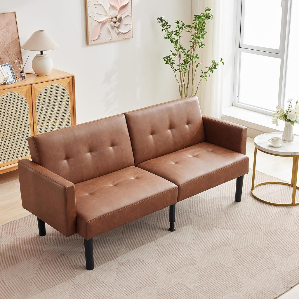 Garvee 75.5' Convertible Futon Sofa Bed, PU Leather Upholstered Futon Couch with Strong Legs, Mid Century Modern Sleeper Sofa, Comfy Loveseat for Living Room, Bedroom, Dorm, Brown