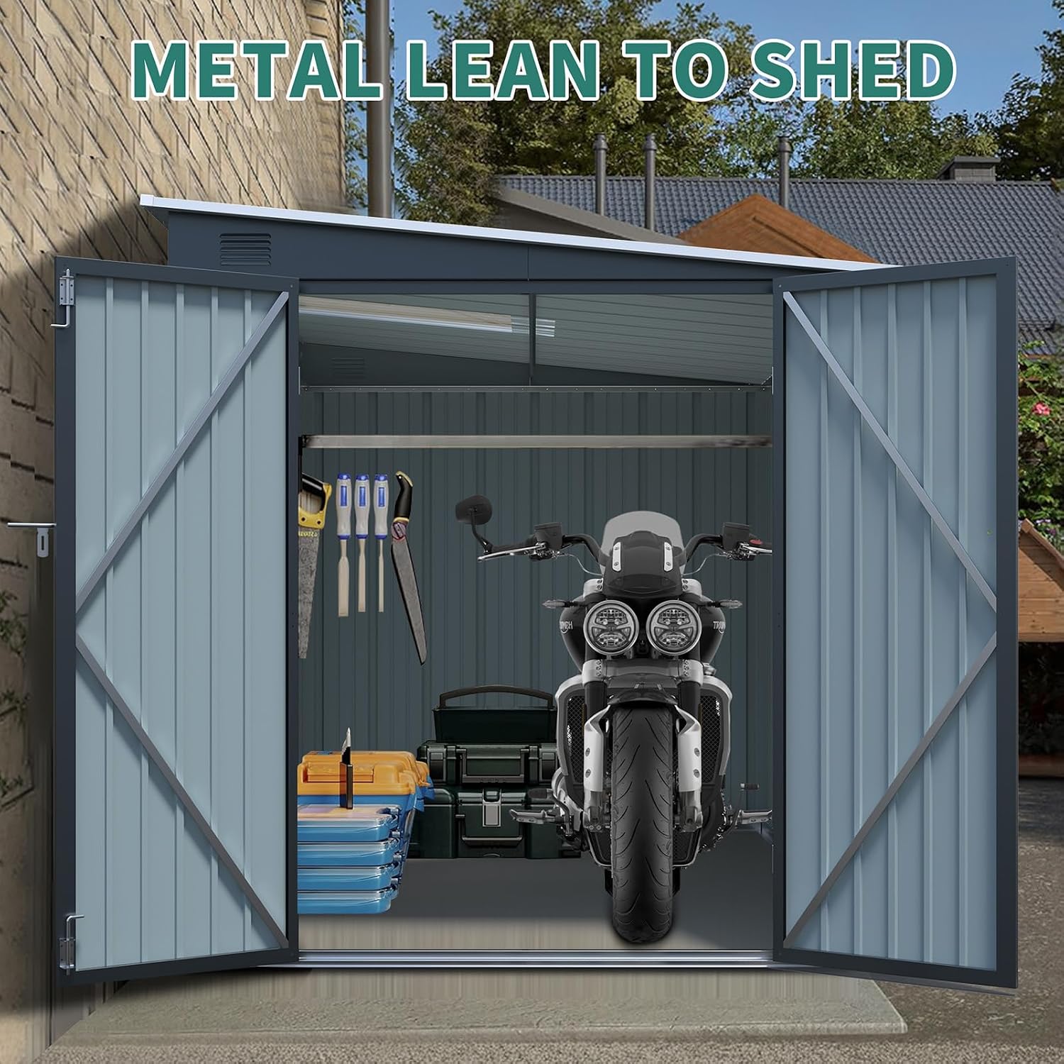 6x8FT Outdoor Storage Shed, Galvanized Steel Metal Storage Shed with Lockable Doors, Storage Sheds Outdoor with Floor & Ventilation, Sloped Roof Metal Building for Tools (6×8 FT Steel)