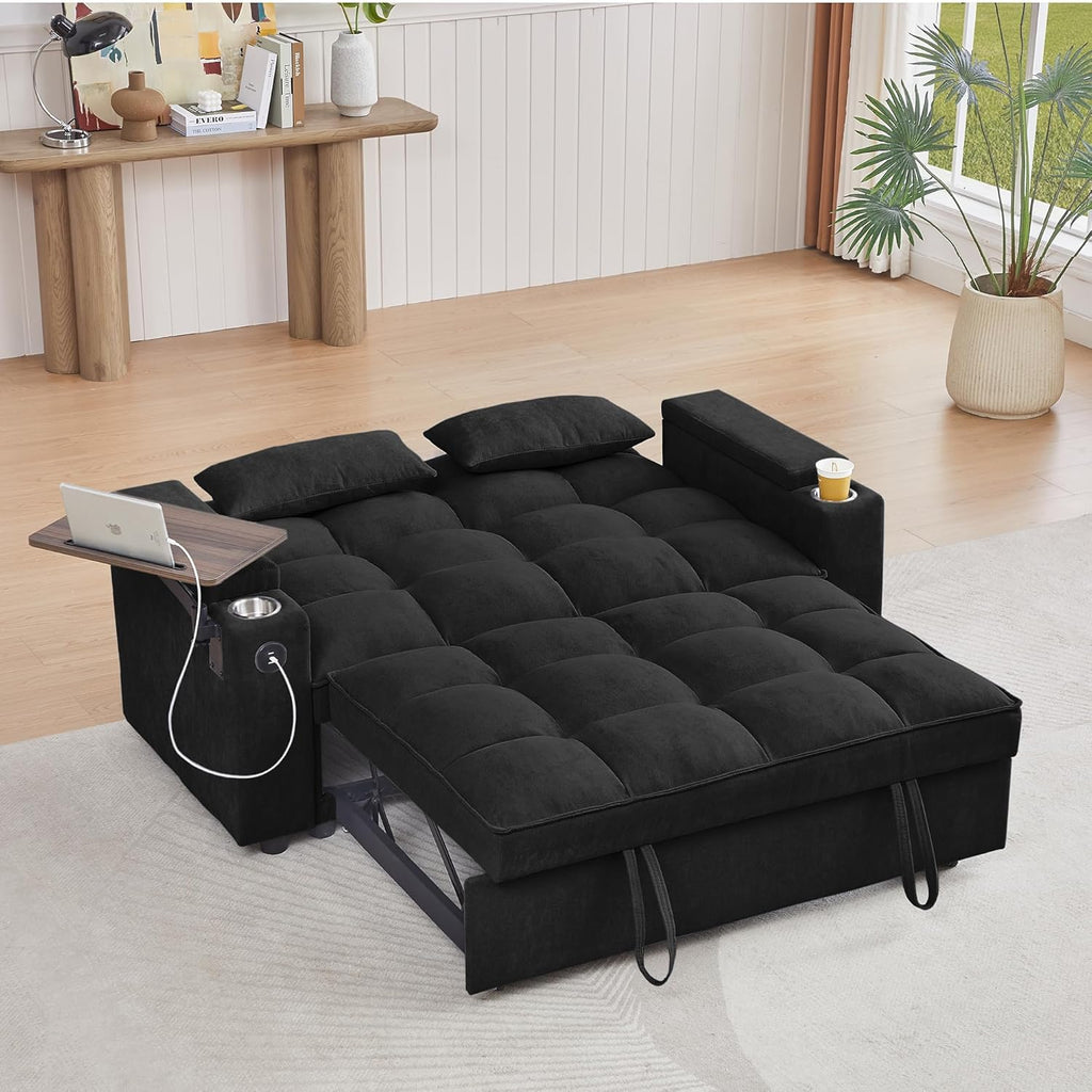Auvsoce 65'' Convertible Sleeper Sofa Bed with Adjustable Backrest, Chaise Lounge, Side Table & USB/Type-C Ports – Stylish & Functional Addition to Any Living Room (Black)