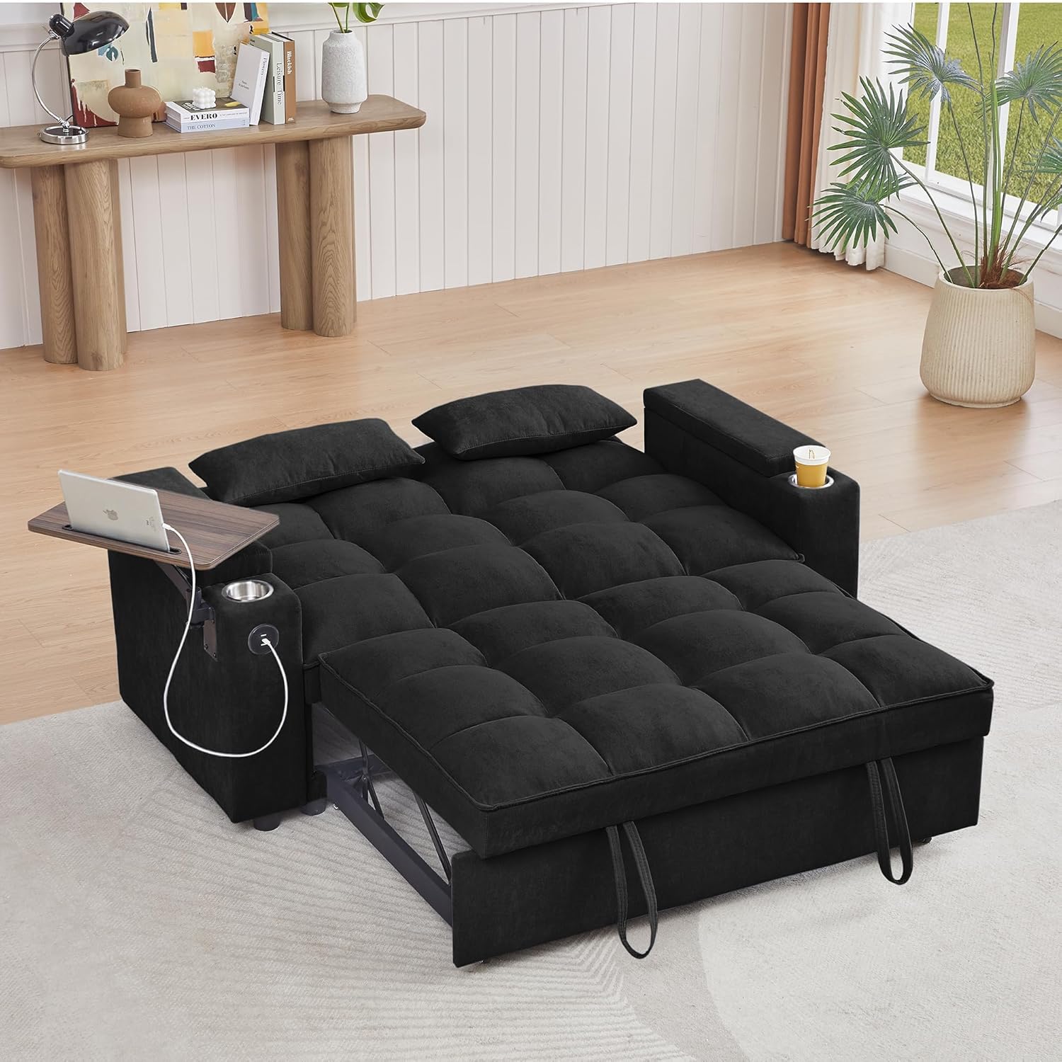 Auvsoce 65'' Convertible Sleeper Sofa Bed with Adjustable Backrest, Chaise Lounge, Side Table & USB/Type-C Ports – Stylish & Functional Addition to Any Living Room (Black)