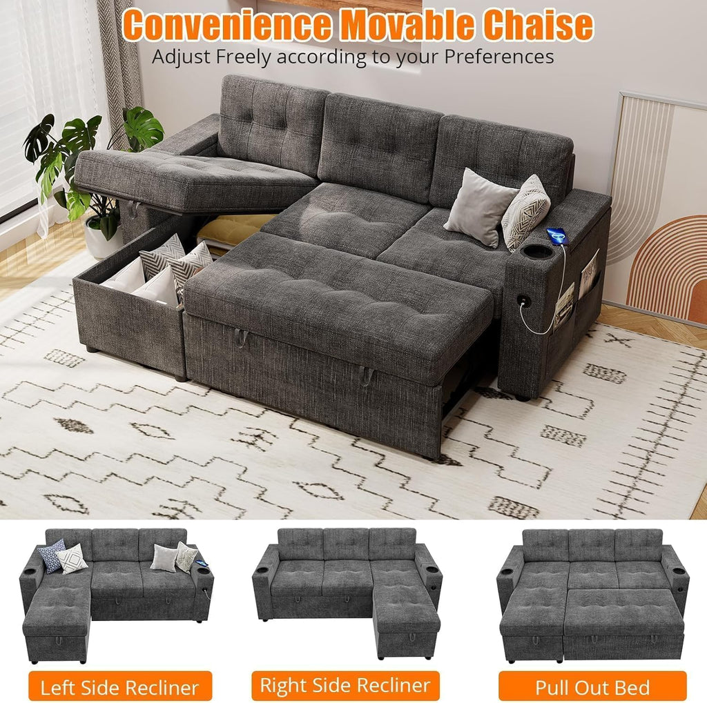 IDEALHOUSE Sofa Bed, 84 Inch Sleeper Sofa with Pull Out Bed and Charging Ports, L Shaped Couches for Living Room with 2 Storage Armrests and 2 Cup Holders, Dark Grey