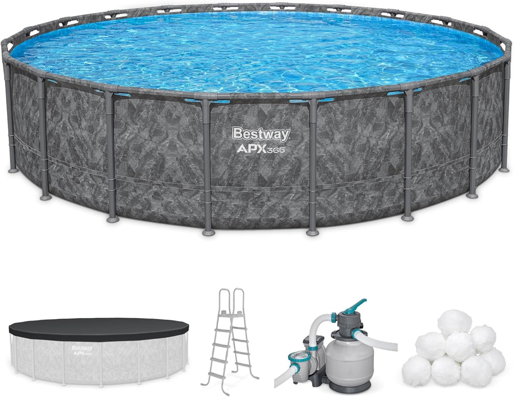 Bestway APX 365 20' x 52' Above Ground Pool, Round Metal Frame Outdoor Swimming Pool Set with Sand Filter Pump, Ladder, and Cover, Dark Marble