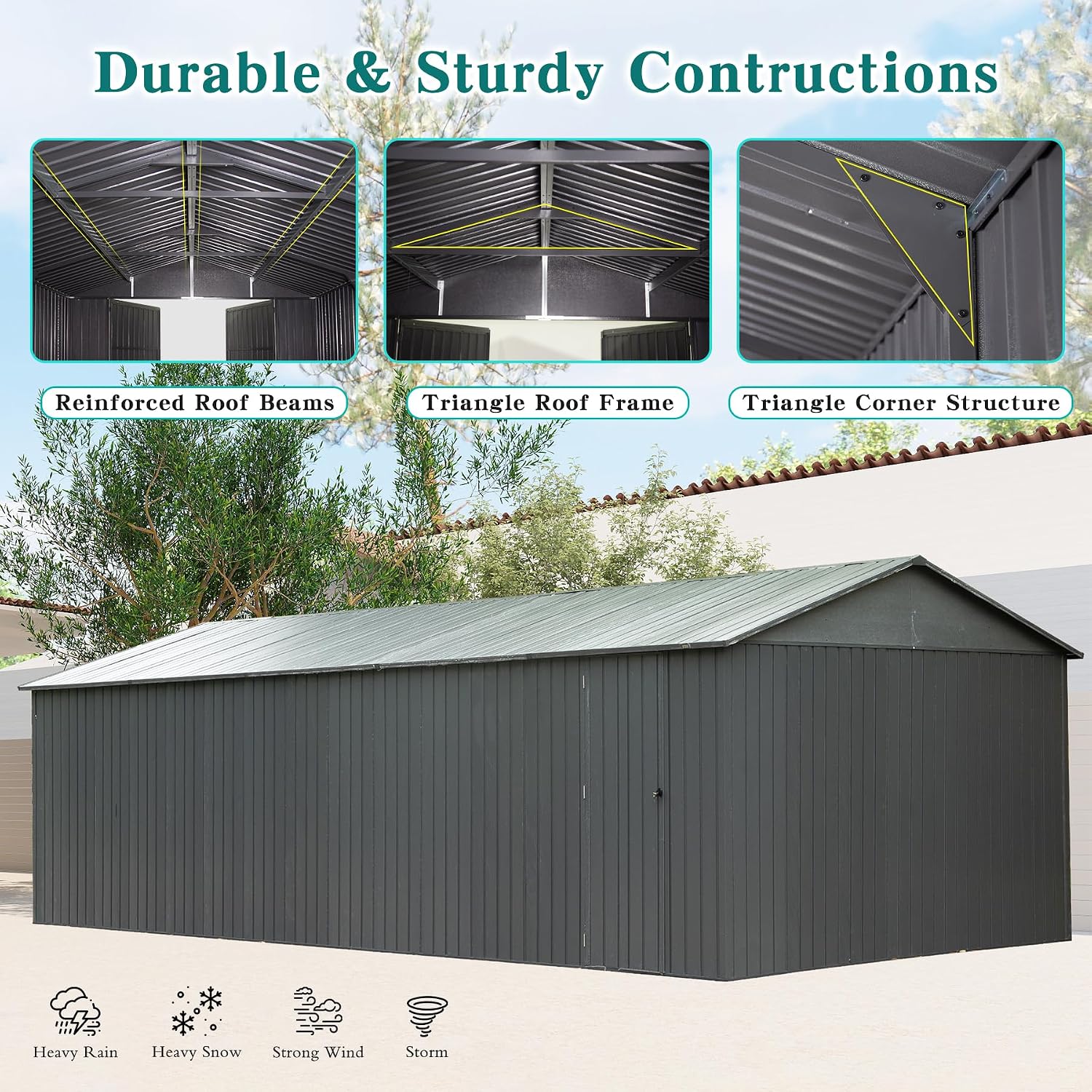 Domi 12x25FT Outdoor Metal Garage Shed, Extra Large Carport with Skylights & Dual-Entry, Backyard Storage Shed for Car, Truck, Lawn Mower and Tool, Dark Grey