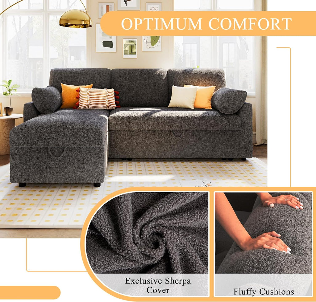 PaPaJet Sofa Bed, Sleeper Sofa with Storage Chaise, L Shaped Sofa with Pull Out Bed, Oversized Sofas for Living Room-Dark Gray Boucle