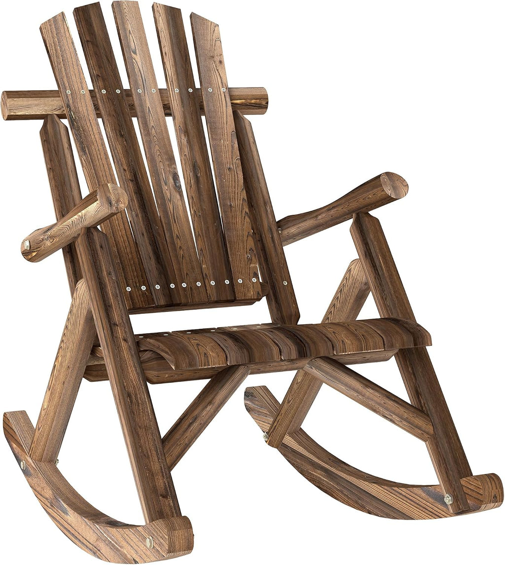 Outsunny Outdoor Wooden Rocking Chair, Single-Person Adirondack Rocking Patio Chair with Rustic High Back, Slatted Seat and Backrest for Indoor, Backyard, Garden, Carbonized