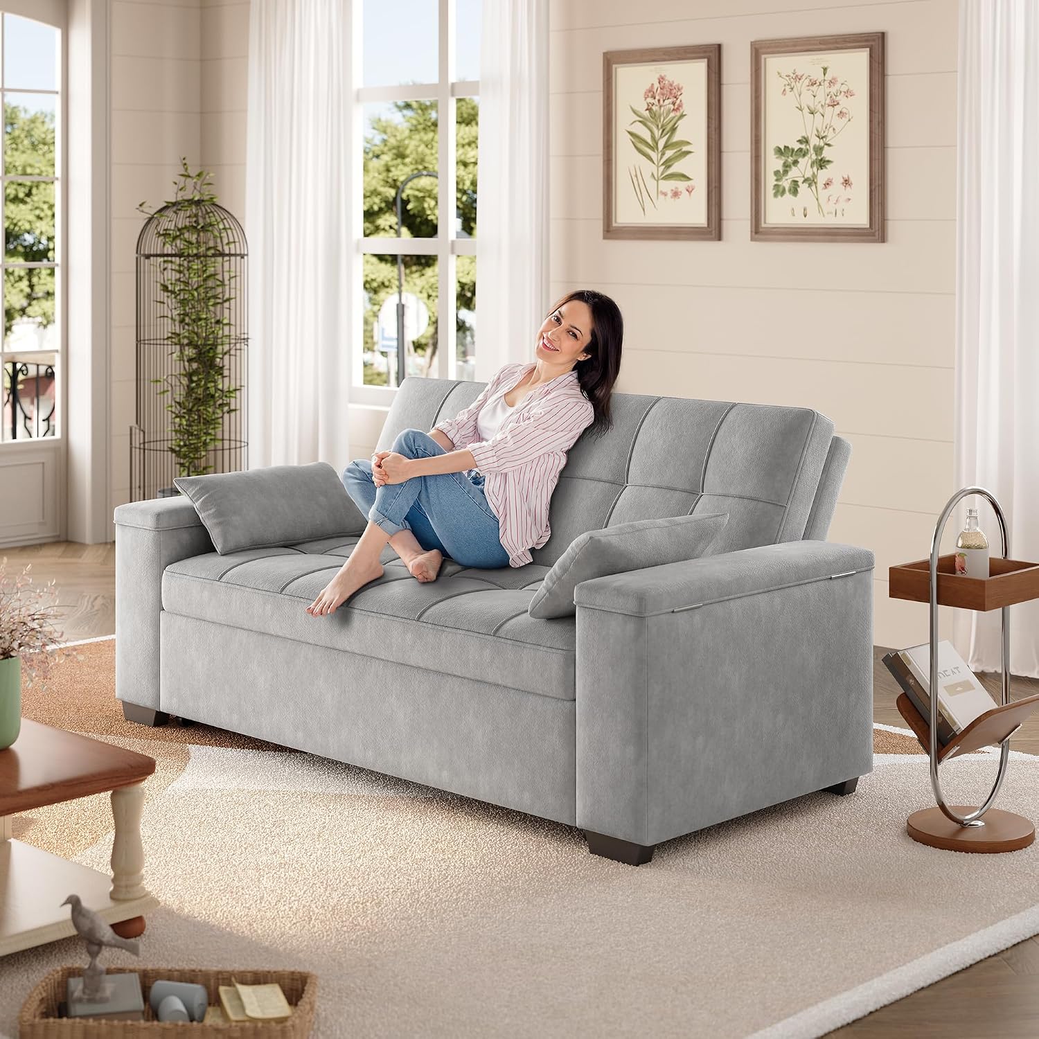 Gizoon Convertible Sofa Bed Futon, 70.9'' Sleeper Loveseat with Pull Out Couch, 3 in 1 Plush Fleece Fabric Futon Couch with Side Pockets, Storage Armrest & Adjustable Backrest for Living Room, Grey