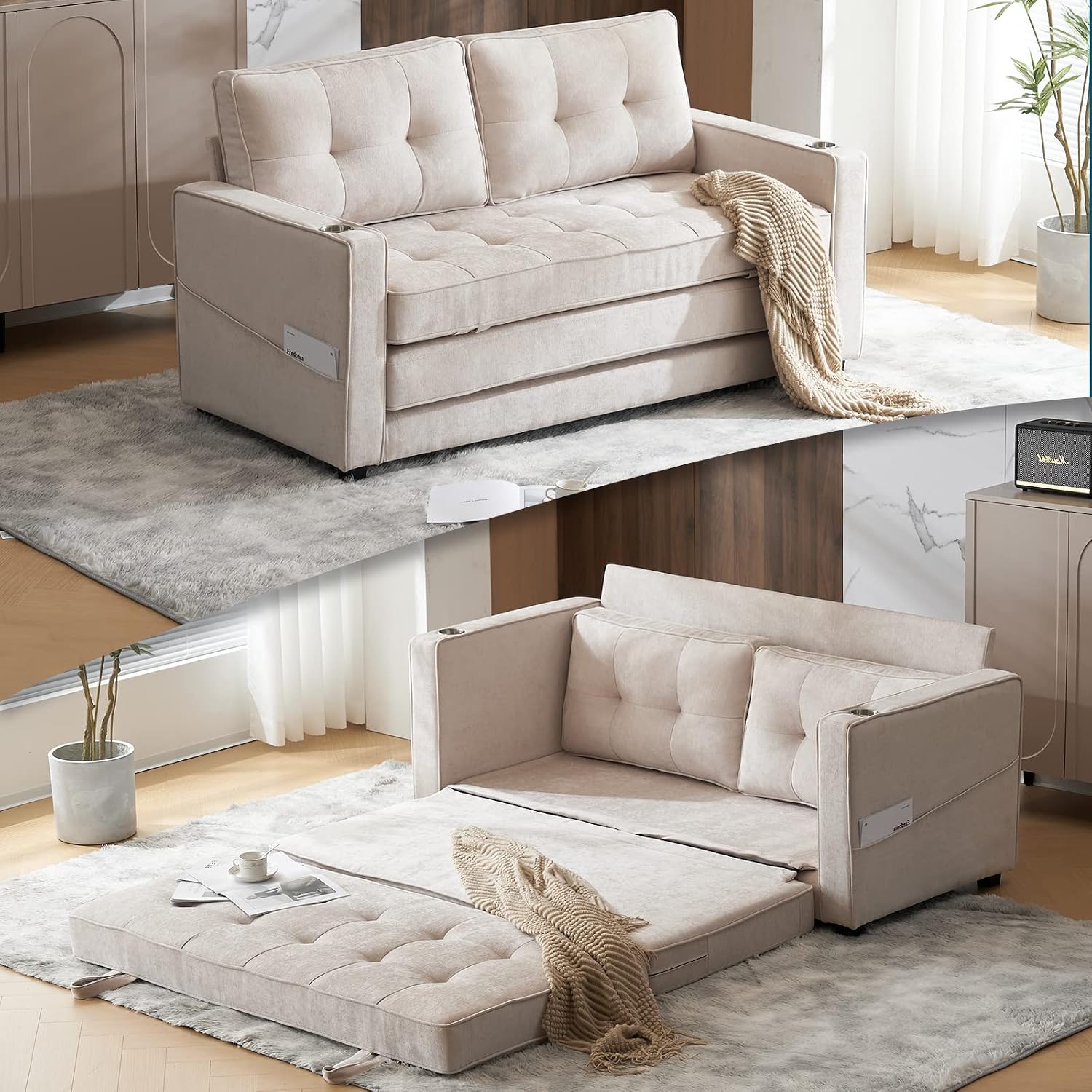 VINGLI Upgraded 64' W 84' L Full Size Futon Sofa Bed, 6' Thick Upholstery Chenille Loveseat Sofa Sleeper Pull Out Couch,Convertible Floor Couch for Living Room, Bedroom, Entertainment Room, Beige