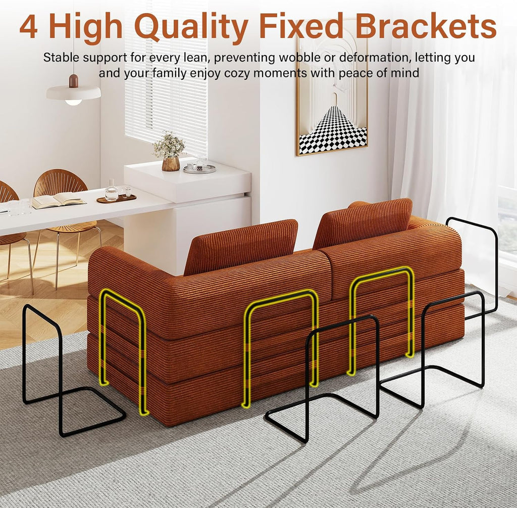 78'' Sleeper Couch Bed for Living Room, Convertible Modular Sofa with Fixed Frame and Side Pocket, Corduroy Futon Boneless Couches in a Box, No Assembly, Orange