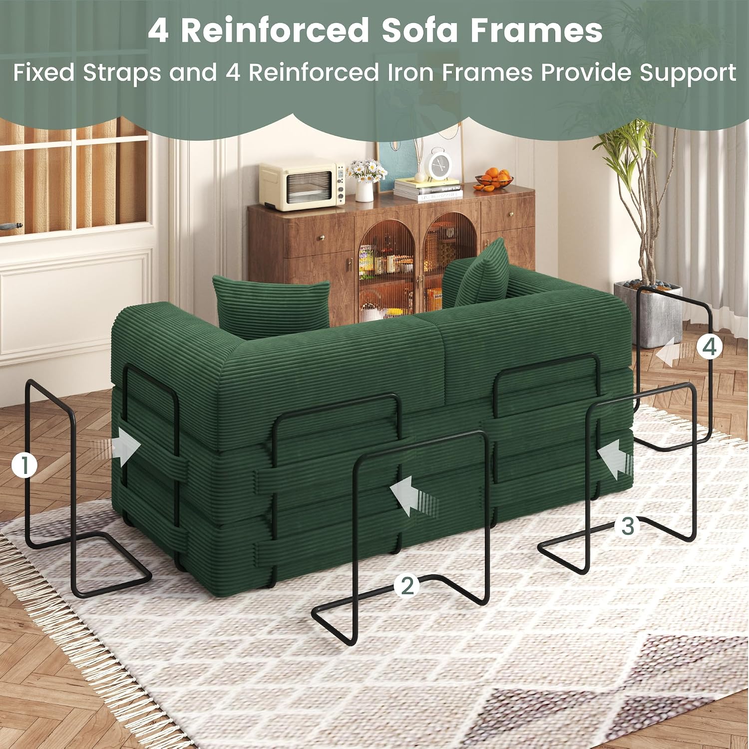 80' Convertible Sofa Bed, 5 in 1 Modular Boneless Couch Sleeper Sofa Bed with Fixed Frame & Removable Backrest Pillow, Washable Corduroy Futon Sofa Bed Couch in a Box for Small Spaces, Dark Green