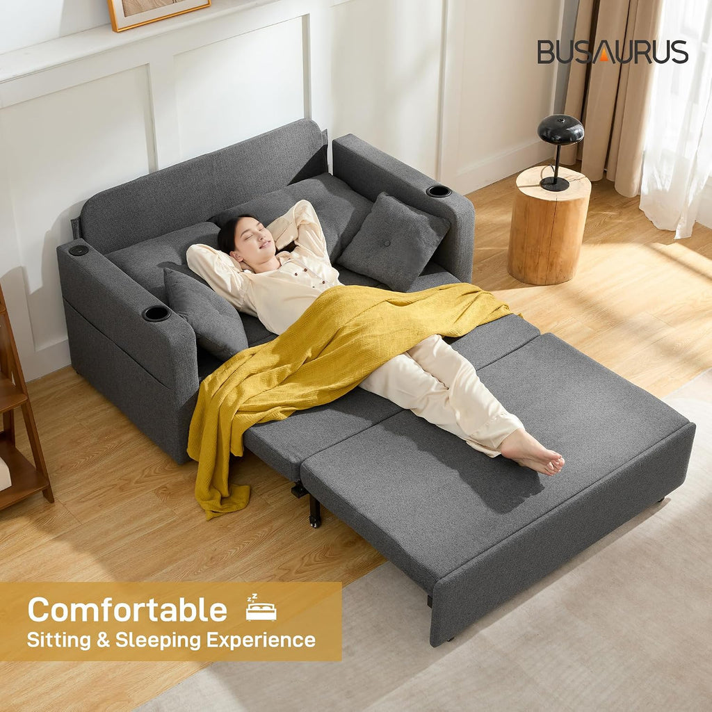 Busaurus 3 in 1 Convertible Sofa Bed, 56' Full Size Loveseat Sleeper Sofa Couch Bed, Sleeper Sofa Bed with Storage Pocket, USB, Comfy Pull Out Sofa Bed for Living Room, Bedroom, Small Space, Dark Grey