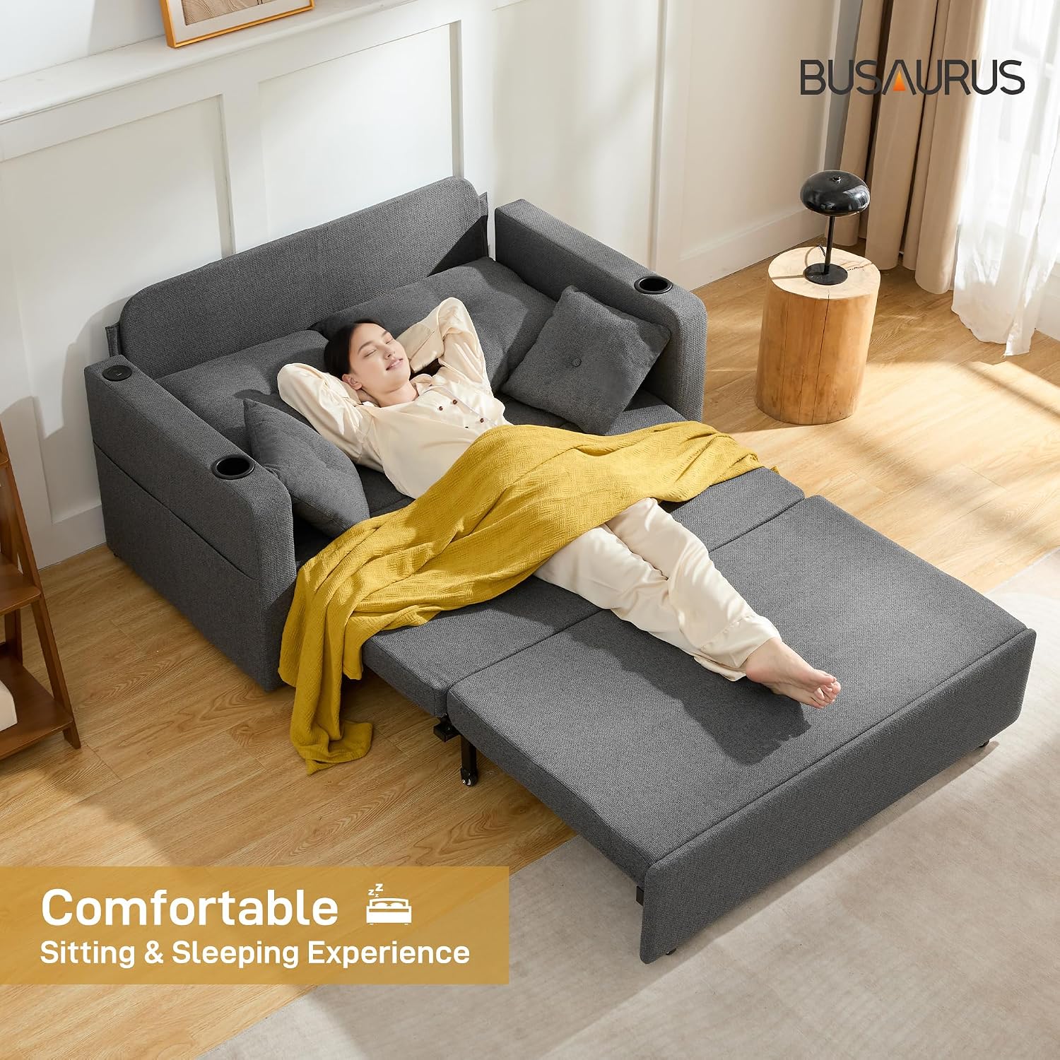 Busaurus 3 in 1 Convertible Sofa Bed, 56' Full Size Loveseat Sleeper Sofa Couch Bed, Sleeper Sofa Bed with Storage Pocket, USB, Comfy Pull Out Sofa Bed for Living Room, Bedroom, Small Space, Dark Grey